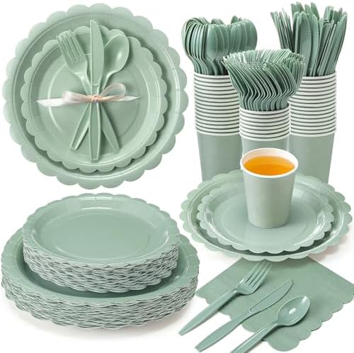 Ziliny 350 Pcs Sage Green Plates and Napkins, 50 Guest Graduation Party Supplies Include Scalloped Paper Plates Napkins Cups Plastic Spoons Forks Knives Disposable Tableware Set for Baby Shower by Ziliny