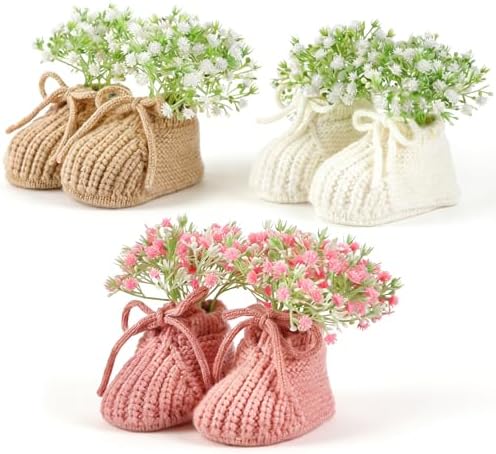 3 Set Baby Shower Booties Table Centerpiece Knitted Booties with Flowers by Chicingyou