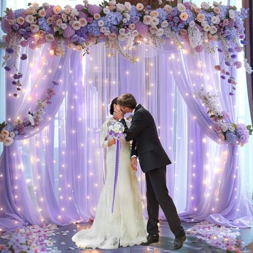 10x10ft Lavender Chiffon Backdrop Curtain with Lights String for Wedding Sheer Tulle Curtain Photo Backdrops Drapes for Baby Shower Birthday Party Home Ceremony Decorations - Image 3