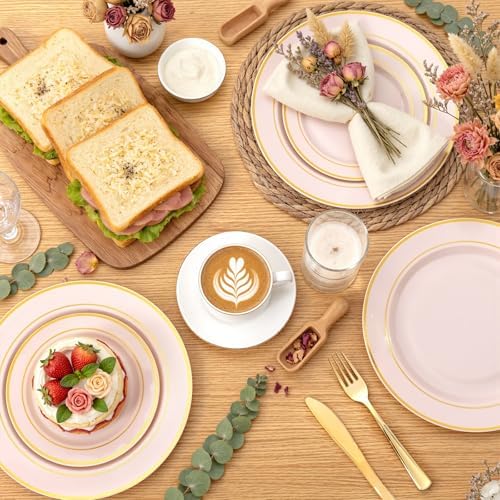 WDF Partyware 350PCS Pink Disposable Plates - Pink Plastic Plates 50Guests Plastic Dinnerware Sets with Rolled Napkins for Wedding/Birthday/Baby shower - Image 5