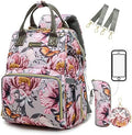 Diaper Bag Backpack for Dad and Mom with USB Charging Port Stroller Straps and Insulated Pocket,army military Travel Nappy Backpack for Daddy/Mommy (Grey Pink Flower Pattern) by Qwreoia-CoolDiaperBagStyle