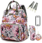 Diaper Bag Backpack for Dad and Mom with USB Charging Port Stroller Straps and Insulated Pocket,army military Travel Nappy Backpack for Daddy/Mommy (Grey Pink Flower Pattern) by Qwreoia-CoolDiaperBagStyle