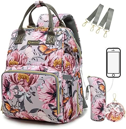 Diaper Bag Backpack for Dad and Mom with USB Charging Port Stroller Straps and Insulated Pocket,army military Travel Nappy Backpack for Daddy/Mommy (Grey Pink Flower Pattern) by Qwreoia-CoolDiaperBagStyle