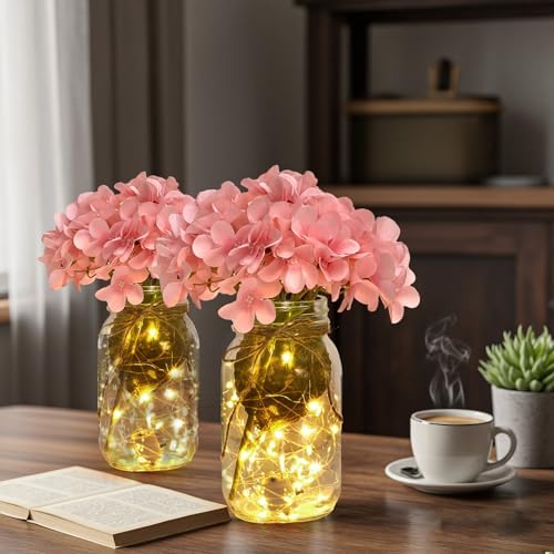 6 Sets Hydrangea Mason Jar Centerpiece with LED Lights for Wedding - Image 6