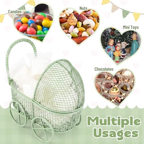 Threehoney 12 Pcs Baby Shower Mini Carriage Decoration Greenery Color Metal Wired Fillable Candy Stroller Baby Shower Table Centerpiece for Guest Gender Reveal Wedding Party Favor Gift - Image 3