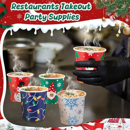 Roshtia 60 Pack 16 oz Paper Food Containers with Lids Ice Cream Pint Containers Soup Cups Freezer Microwave Safe for Desserts Yogurt Party Supplies(Christmas) - Image 4