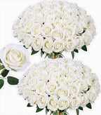 HyeFlora 50 PCS Ivory Roses Artificial Flowers, Fake Roses with Stem Realistic Silk Roses for DIY Wedding Bouquets Tables Centerpieces Arrangements Baby Shower Party Birthday Home Decor for Her by HyeFloraartificialflowers
