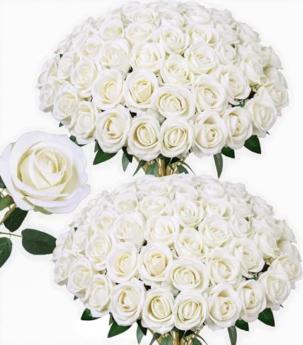 HyeFlora 50 PCS Ivory Roses Artificial Flowers, Fake Roses with Stem Realistic Silk Roses for DIY Wedding Bouquets Tables Centerpieces Arrangements Baby Shower Party Birthday Home Decor for Her by HyeFloraartificialflowers