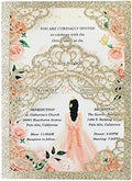 Hosmsua 50PCS 5.1x7.3 Inch Blank Champagne Glitter Quinceanera Invitations Kit Laser Cut Floral Crown Pocket Quinceanera Invitation Cards with Envelopes for Birthday Bridal Shower Quince Invite by Hosmsua