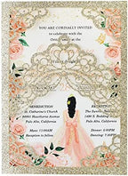 Hosmsua 50PCS 5.1x7.3 Inch Blank Champagne Glitter Quinceanera Invitations Kit Laser Cut Floral Crown Pocket Quinceanera Invitation Cards with Envelopes for Birthday Bridal Shower Quince Invite by Hosmsua