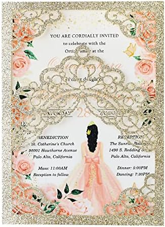 Hosmsua 50PCS 5.1x7.3 Inch Blank Champagne Glitter Quinceanera Invitations Kit Laser Cut Floral Crown Pocket Quinceanera Invitation Cards with Envelopes for Birthday Bridal Shower Quince Invite by Hosmsua