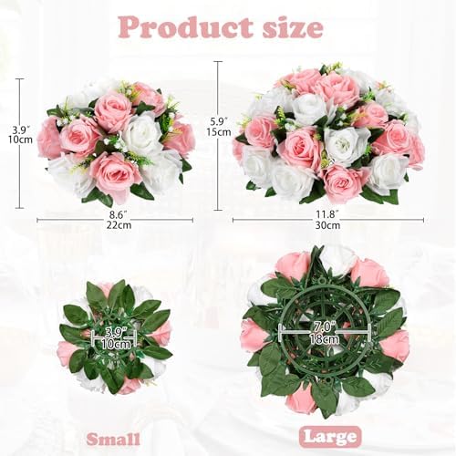 Briful Fake Floral Balls for Centerpieces - 2PCS 11.8" Large Faux Rose Flower Arrangement Silk Flower Bouquet for Home Wedding Party Anniversary Table Vase Flower Stand Decor(White Pink) - Image 2