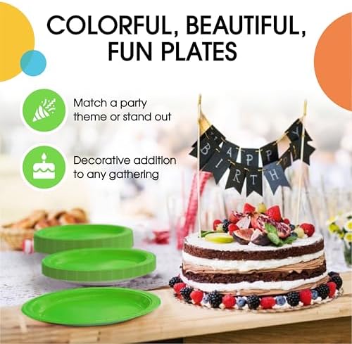 Party Solids Exquisite Lime Green Mixed Paper Plates - 7" & 9", 200 Pack (100 each), 350 GSM - Image 5