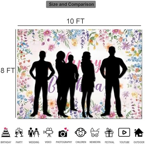 Floral Happy Birthday Backdrop Banner Size 10x8 Ft Watercolor Wildflower & Glitter Design Durable Polyester Photo Booth Background for Women's Birthday & Bridal Shower Decorations Supplies - Image 5