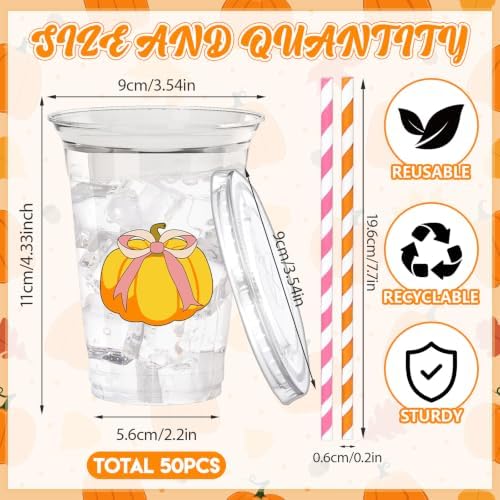 50 Pcs Fall Bow Pumpkin Plastic Party Cups, Thanksgiving Party Favor - Image 2