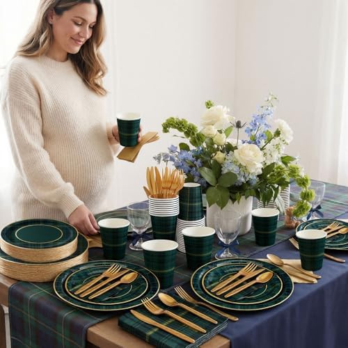 Jinei 175 Pcs Green Blue Tartan Plaid Baby Shower Plates and Napkins Tableware Baby Shower Decoration, Disposable 9/7 Inch Tartan Plates Gold Utensils 9 oz Cups for We Can Bearly Wait Party, Serve 25 - Image 5