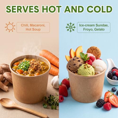 Honeydak 200 Pcs 11 oz Kraft Paper Ice Cream Cups Disposable Dessert Bowls for Hot or Cold Food Brown Paper Snack Containers for Sundae, Frozen Yogurt, Soup Baby Shower Party Supplies - Image 3