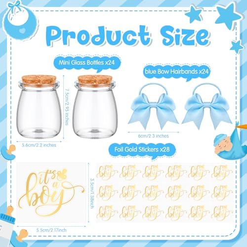 Funnymoom 24 Sets Baby Shower Bottles Favors for Guests Glass 100 ml Milk Jar with Ribbons and Stickers Decorations for Gender Reveal Newborn Centerpiece Party Favor (Blue,It's A Boy) - Image 3