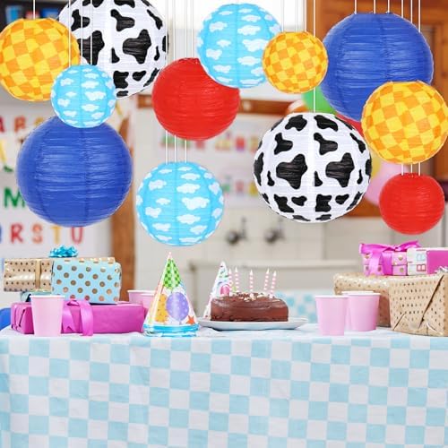 Whaline 12Pcs Cartoon Story Paper Lantern Kits Red Blue Cow Print Yellow Checkered Hanging Round Lanterns for Birthday Baby Shower Party Decoration - Image 5