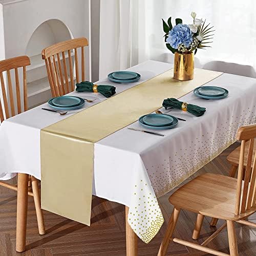 12Pack Disposable Plastic Tablecloths and Satin Table Runner Set White and Gold Dot Tablecloth Gold Satin Table Runner for Wedding Birthday Baby Shower Anniversary Christmas New Year Party Supplies - Image 4