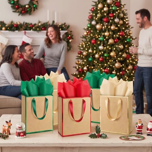 Yeaqee 50 Pack Metallic Paper Gift Bag Bulk with Handle, Green,Red,Gold - Image 7