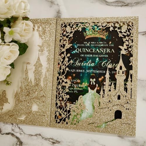 20PCS Castle Pocket Invitations, Quinceanera Invitations with Envelopes, Princess Invitation, Laser Cut quince invites (glitter light gold) - Image 5