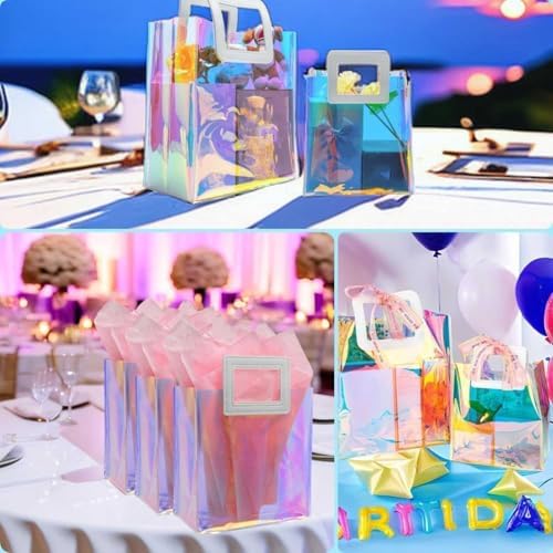 Caleihd 12PCS Holographic Clear Gift Bags with Tissue Paper, 7.9 * 7.1 * 3.9 inch with Handles,Treat Bags Goody Bags,for Christmas, Birthday Party, Weeding Gift Bags Party Supplies (Pack of 2) - Image 5