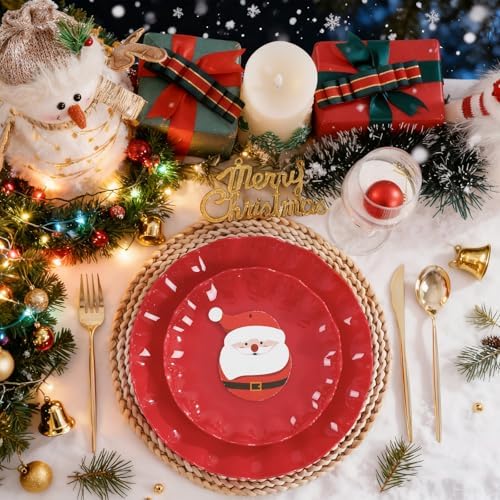 LIYH 50 Pcs Red Plastic Plates Reusable Christmas Plastic Plates Unbreakable Holiday Dinnerware Set Scalloped Plate for Christmas Day,Dishwasher Safe BPA Free (25Guests) - Image 2