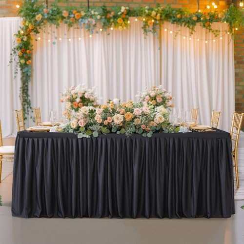 Wish Care Black Table Clothes for Rectangle Tables 6ft, Wrinkle Resistant Fitted Table Cloth with Pleated Ruffle Skirts for Banquet Wedding Baby Shower Folding Tables by WishCare