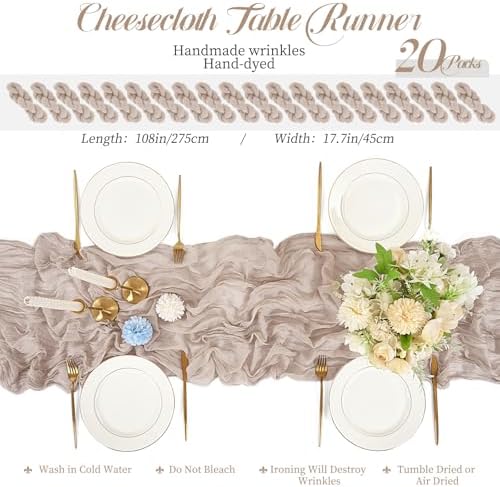 Teruntrue 20 Pack Taupe Cheesecloth Table Runner 17x108 Inch, Boho Gauze Sheer Fabric Cheese Cloth Table Runners for Wedding Party Bridal Shower Baby Shower Birthday Home Decor Garden Farmhouse - Image 2