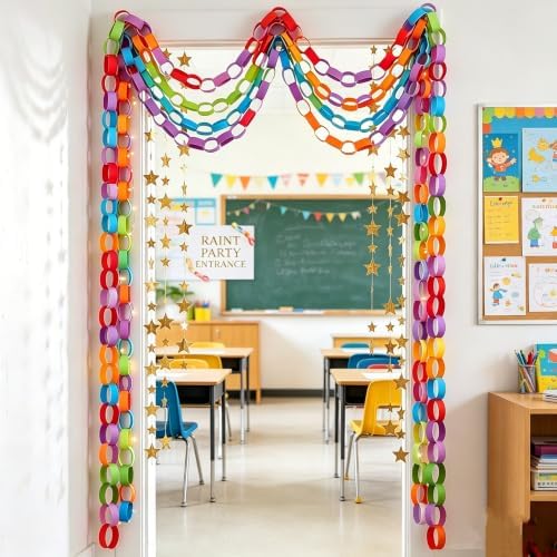 600 Sheets Rainbow Paper Chain Strips Garland Princess Birthday Party Decor Kit DIY Crafts Crepe Paper Streamer Glitter Star Fringe Chandelier Balloons for Wedding Birthday Classroom Decor - Image 5