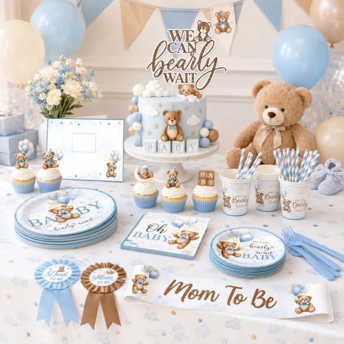 Bear Baby Shower Decorations,260pcs All-in-1 Blue Bear Party Decorations Plates and Napkins Cups Tablecloth Banner Backdrop for Boy Baby Shower Decorations - Image 5