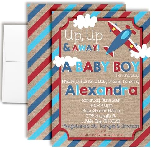 Amanda Creation Custom Baby Shower Invites Up Up and Away Baby Shower Invitation 20 5x7 Custom Personalized Baby Boy Airplane Invites With Envelopes by AmandaCreation