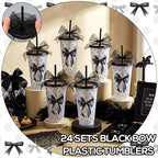 Willinglong 24 Black Bow Cups with Lid Straw Galentines Party Favor 24 oz - Image 4
