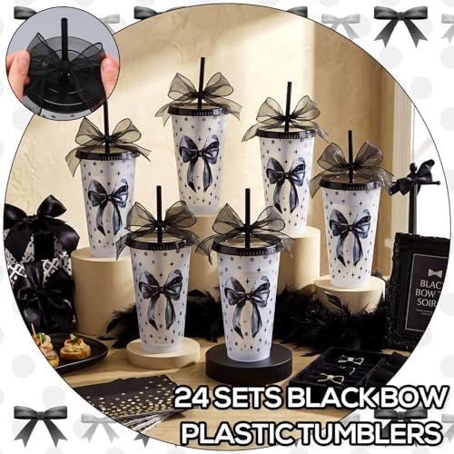 Willinglong 24 Black Bow Cups with Lid Straw Galentines Party Favor 24 oz - Image 4