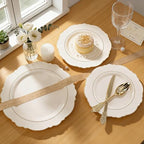 Liacere 350PCS Ivory Plastic Plates-Cream Disposable Plates With Gold Rim- Baroque Plastic Dinnerware include 100 Plates - 50 Pack Pre Rolled Napkins Silverware 50Cups for Thanksgiving＆Fall Party - Image 4
