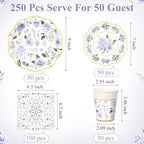 Funnymoom 250 Pcs Purple Gold Floral Paper Plates Napkins Cups Serves 50 - Image 3