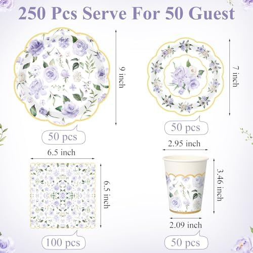 Funnymoom 250 Pcs Purple Gold Floral Paper Plates Napkins Cups Serves 50 - Image 3