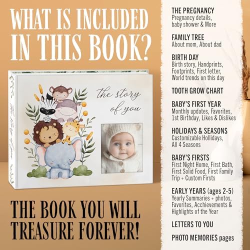 Baby Memory Book – “The Story of You” Keepsake Journal with Photo Slot, Zoo Animal Design, Gold Pen, Lay Flat Binding, Gift Box – 110 Full-Color Pages, 9x11.5 Inches - Image 6