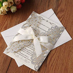 Hosmsua 50PCS Personalized Laser Cut Wedding Invitation Cards with Ribbon 5.12 x 7.3'' Lace Flora Wedding Invitations for Quinceanera Birthday invites (Sliver Glitter) Customized Printed - Image 2