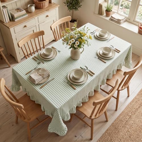 Eternal Beauty Striped Ruffled Tablecloth 60x120 Inch Green White - Image 4