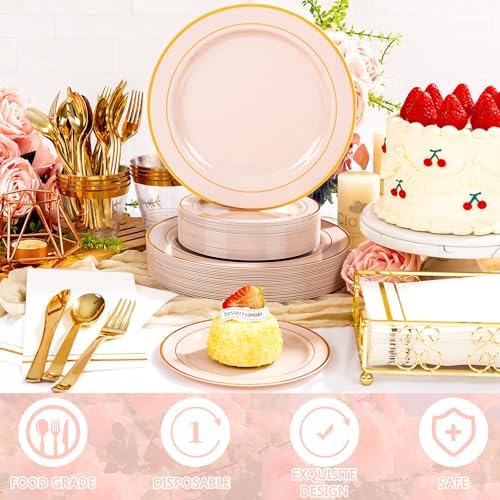 GATHER 700PCS Pink Plastic Plates 100 Guest with Gold Rim for Wedding Party - Image 6