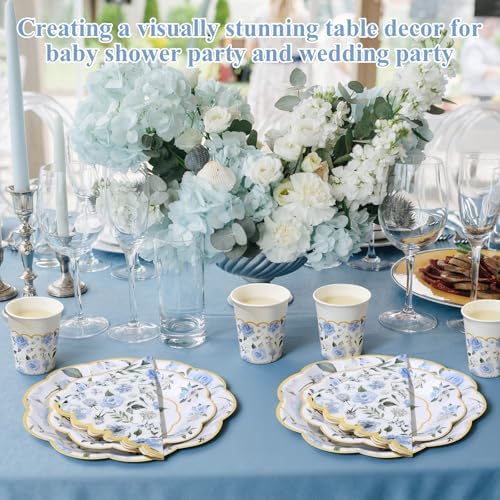 Funnymoom 250 Pcs Blue Gold Floral Paper Plates Napkins Cups Serves 50 - Image 4