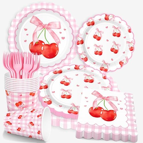 250 PCS Cherry Party Supplies, Service for 50, Cherry Birthday Party Decorations Decor Tableware Set Includes Plates, Napkins, Cups and Forks for Baby Shower Birthday by algpty