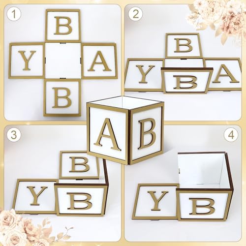 4 Set Baby Shower Centerpieces for Tables - 6 inch Wooden Boxes with Baby Letters Rustic Cube Planter Wood Blocks for Gender Reveal Party Favor (Gold) - Image 4