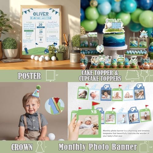 Hole in One Birthday Decorations, 133 PCs Golf First Party Supplies Boy 1st Birthday Decor Set with Balloons Chair and Photo Banners Backdrop Tablecloth Cake Cupcake Toppers Boxes Cutout Crown - Image 4