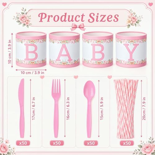 Domensi 204 Pcs Baby Shower Disposable Cutlery Set Utensil Holders, Pink - Image 2