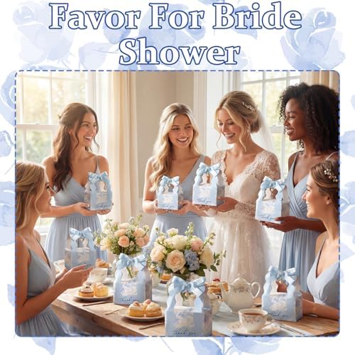 ForraFun 100 Sets Floral Wedding Favor Boxes with Pearl Pendant Bow, Blue - Image 3