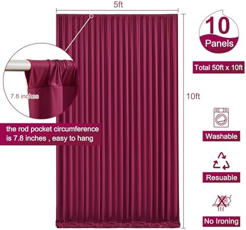 50ft x 10ft Wrinkle Free Burgundy Wedding Backdrop Curtains for Party Bridal Shower Reception Decorations Burgundy Fabric Curtain Backdrops Drapes for Photography Baby Shower Birthday Background - Image 5