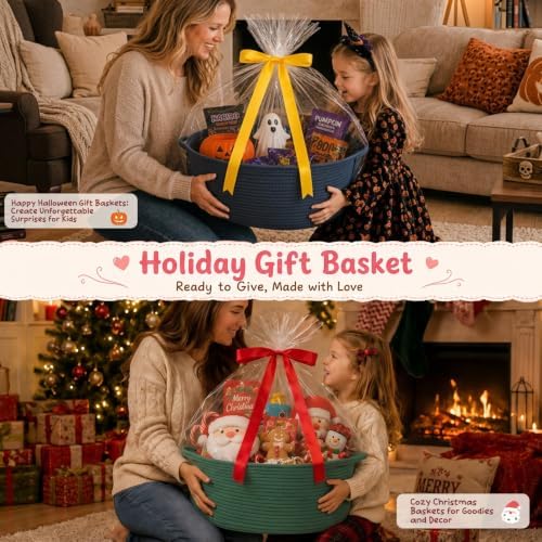 OIAHOMY Large Gift Basket Empty 18.5" x 13.8" x 7.5", Storage Basket with Gift Bag, Ribbon and Glitter Tulle for DIY Anytime, Toy Storage for Kids, Dogs with Handles in A Stylish Design - White - Image 7